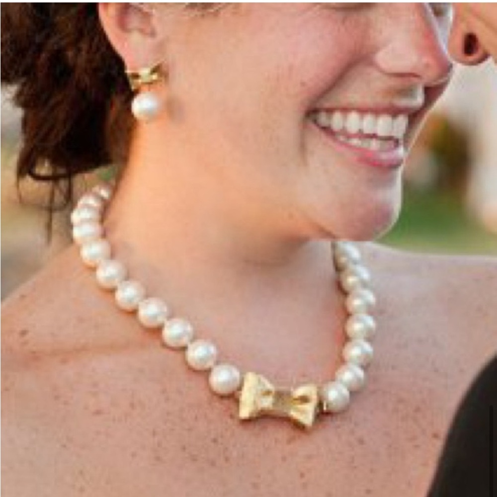 Kate Spade New York “All Wrapped Up Pearls” Necklace Gold 18" Ribbon Bow - NWOT